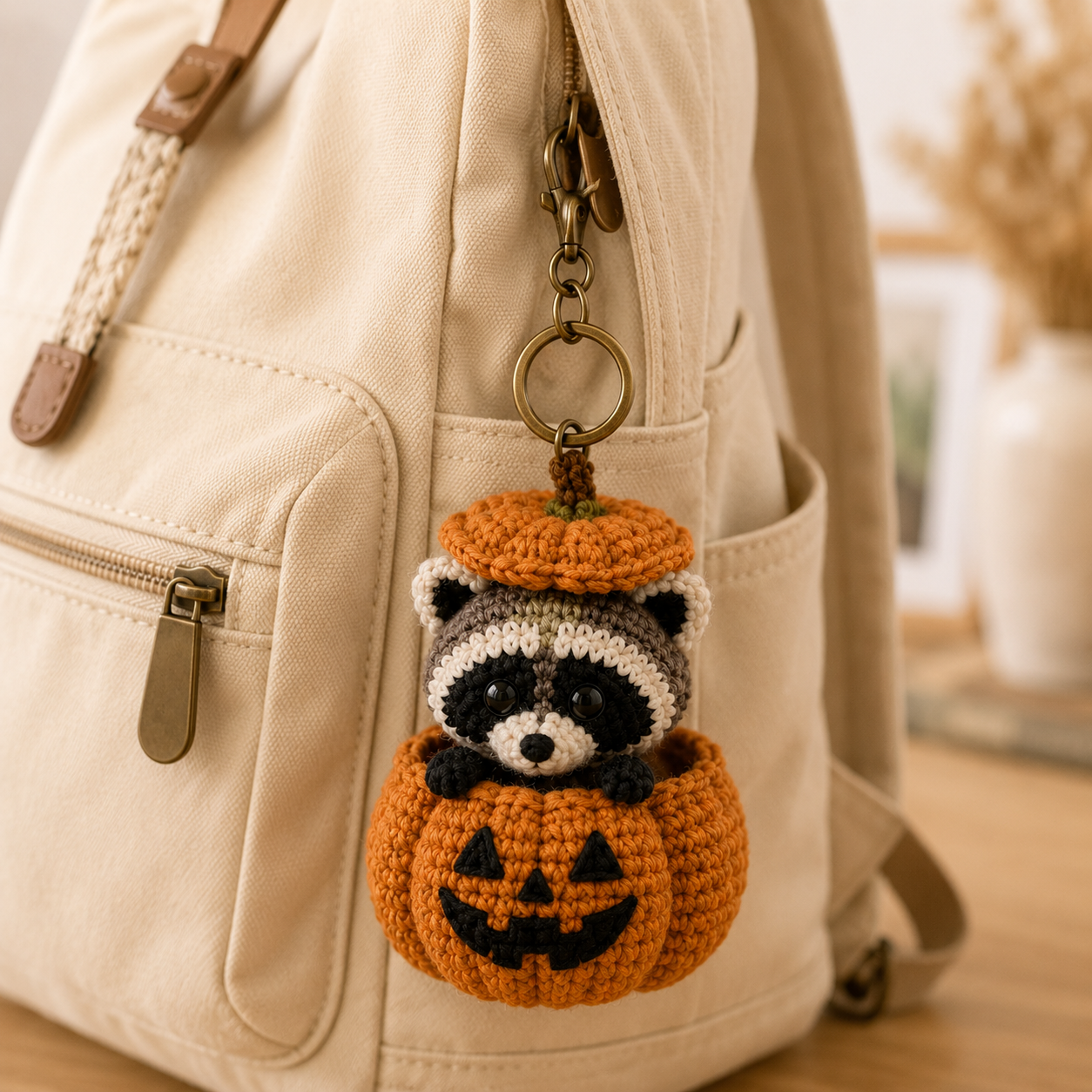 Cute Crochet Raccoon in Pumpkin Keychain - Handmade Amigurumi Fall Bag Charm