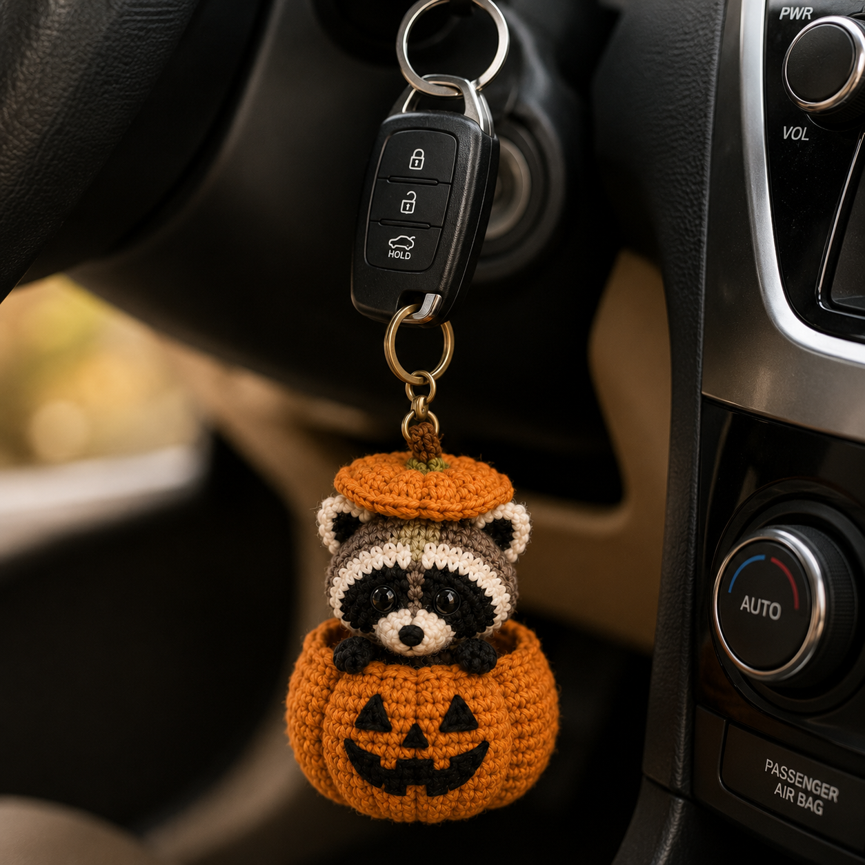 Cute Crochet Raccoon in Pumpkin Keychain - Handmade Amigurumi Fall Bag Charm
