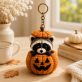 Cute Crochet Raccoon in Pumpkin Keychain - Handmade Amigurumi Fall Bag Charm