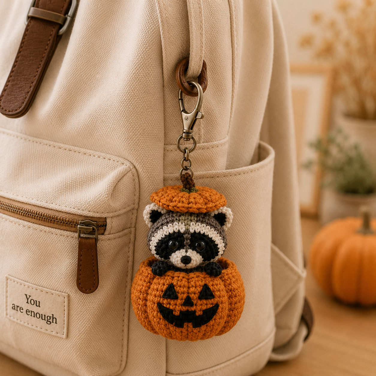 Cute Crochet Raccoon in Pumpkin Keychain - Handmade Amigurumi Fall Bag Charm