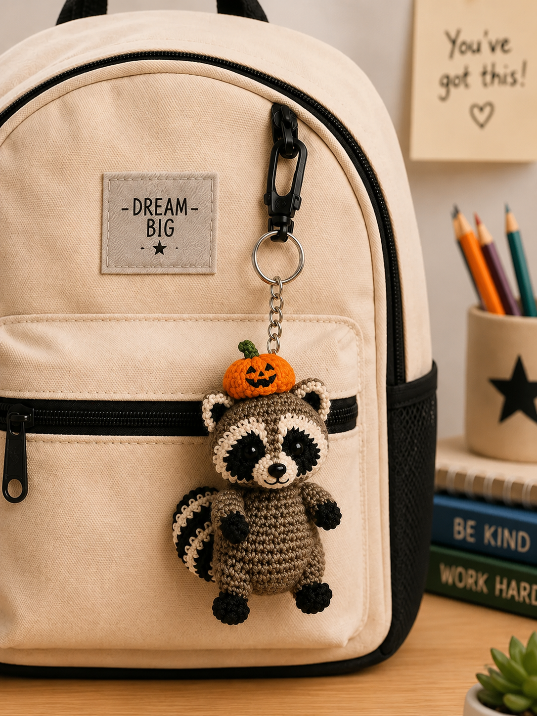 Cute Crochet Raccoon with Pumpkin Hat Keychain - Handmade Amigurumi Bag Charm