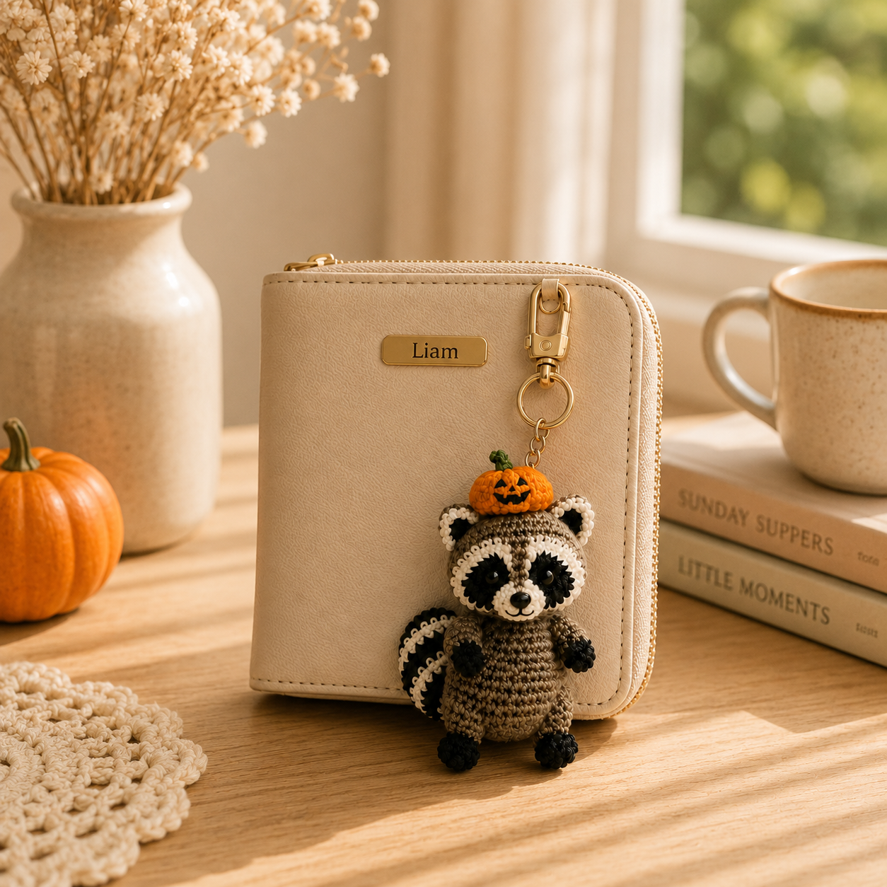 Cute Crochet Raccoon with Pumpkin Hat Keychain - Handmade Amigurumi Bag Charm