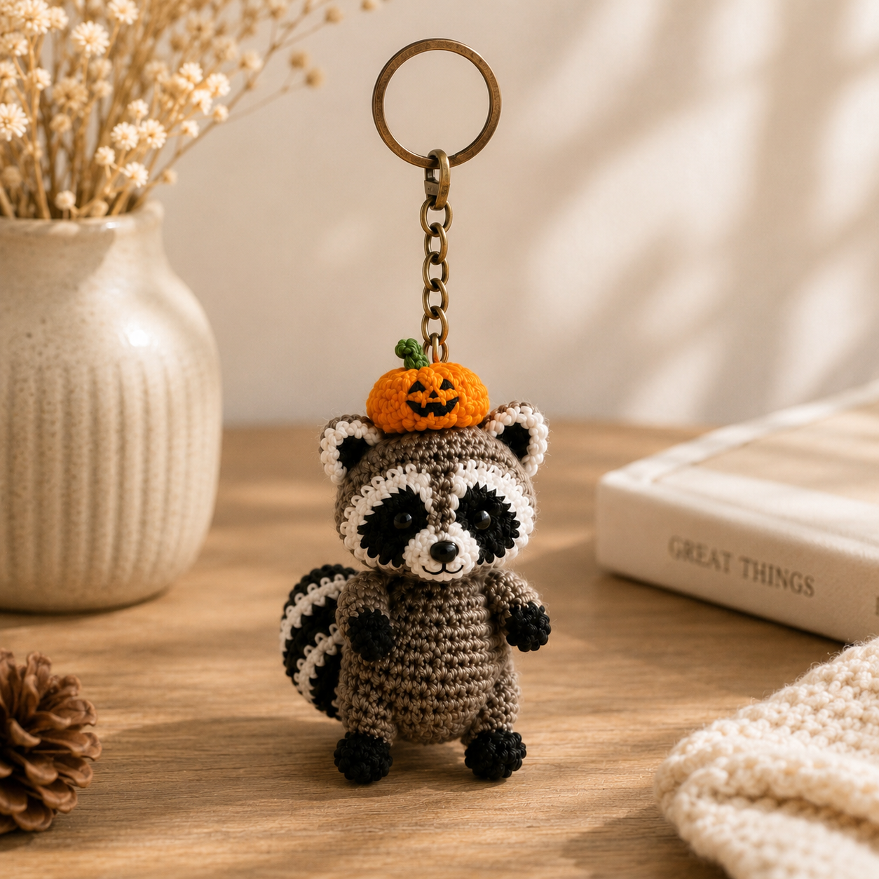 Cute Crochet Raccoon with Pumpkin Hat Keychain - Handmade Amigurumi Bag Charm