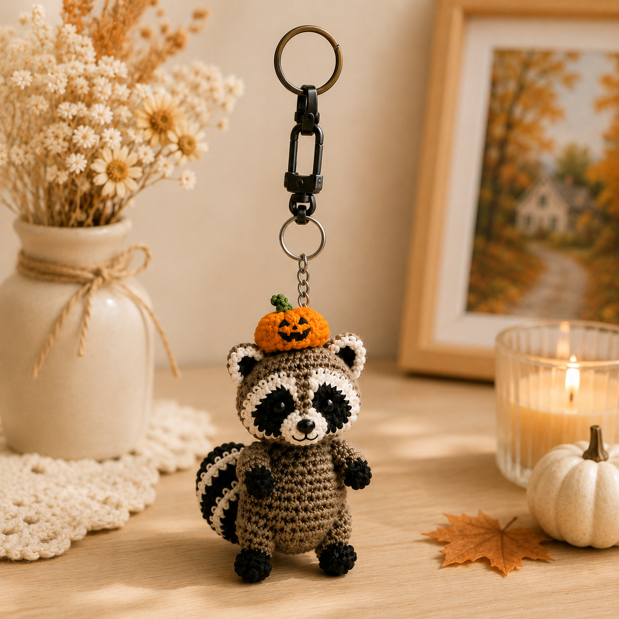 Cute Crochet Raccoon with Pumpkin Hat Keychain - Handmade Amigurumi Bag Charm