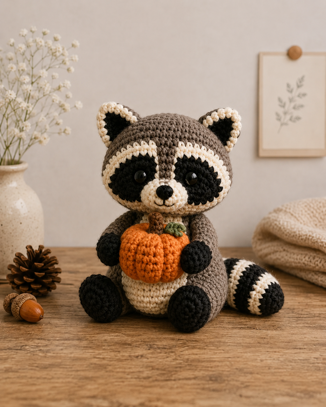 Cute Crochet Raccoon with Pumpkin Plush - Handmade Amigurumi Stuffed Animal Toy