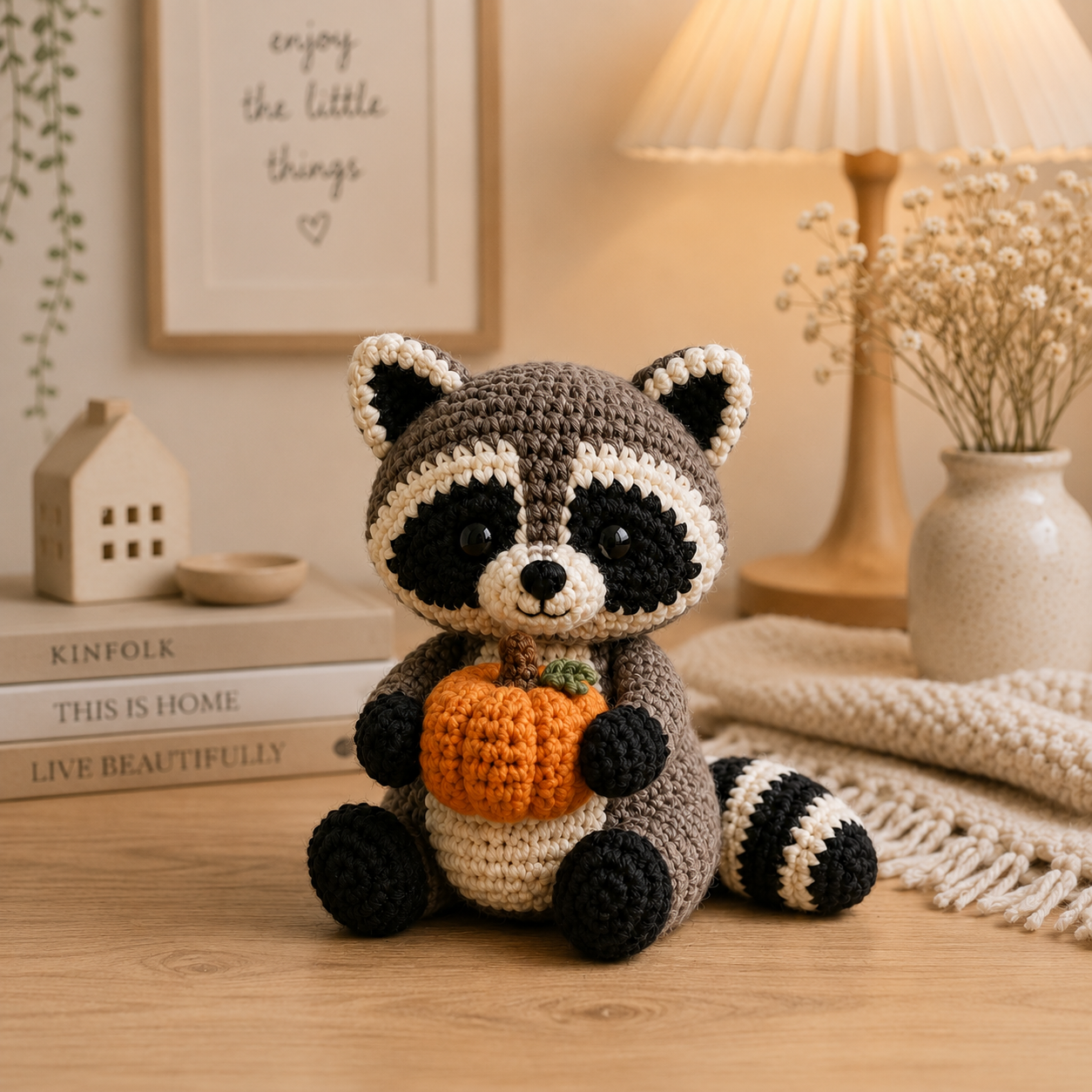 Cute Crochet Raccoon with Pumpkin Plush - Handmade Amigurumi Stuffed Animal Toy