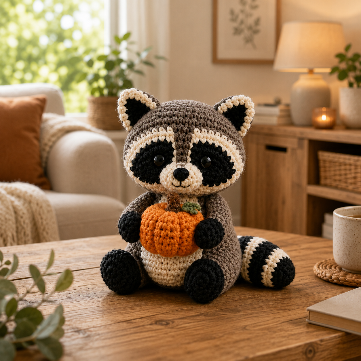 Cute Crochet Raccoon with Pumpkin Plush - Handmade Amigurumi Stuffed Animal Toy