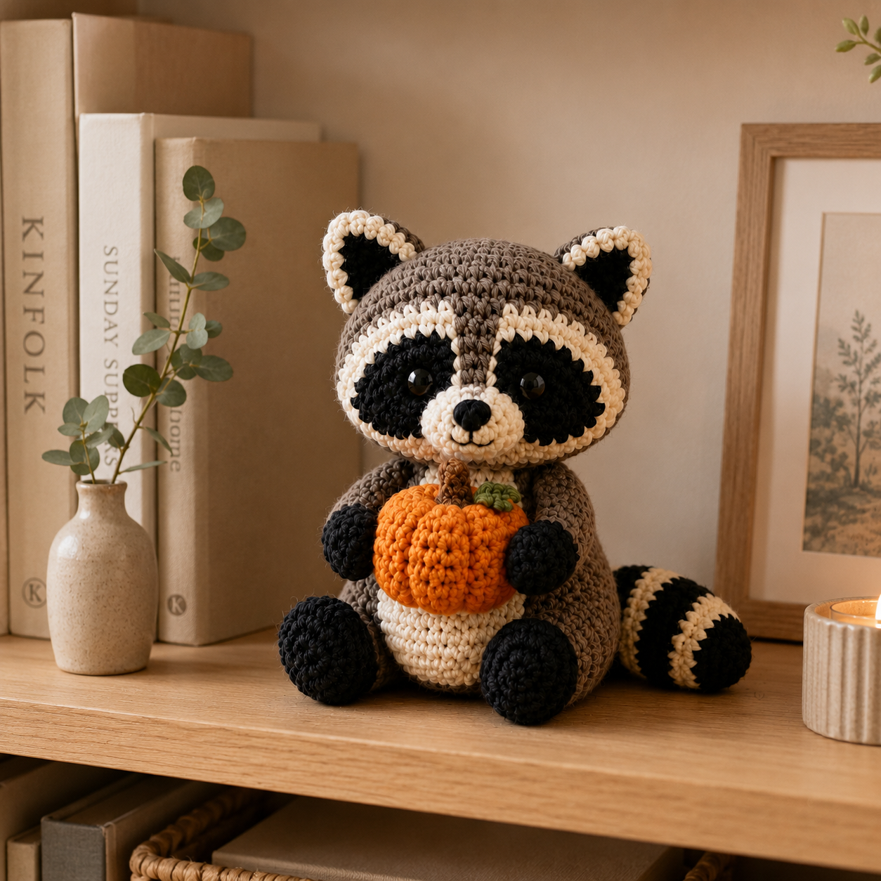 Cute Crochet Raccoon with Pumpkin Plush - Handmade Amigurumi Stuffed Animal Toy