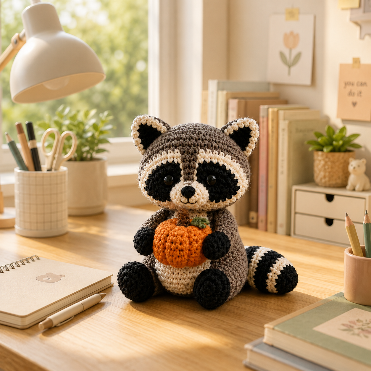 Cute Crochet Raccoon with Pumpkin Plush - Handmade Amigurumi Stuffed Animal Toy