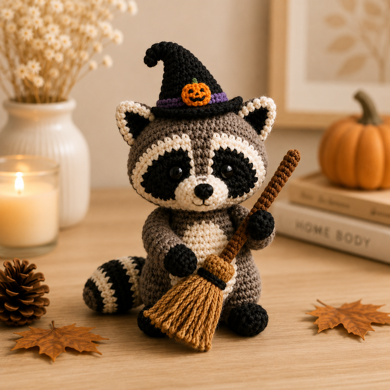 Cute Crochet Witch Raccoon with Broom Plush - Handmade Amigurumi Stuffed Animal Toy