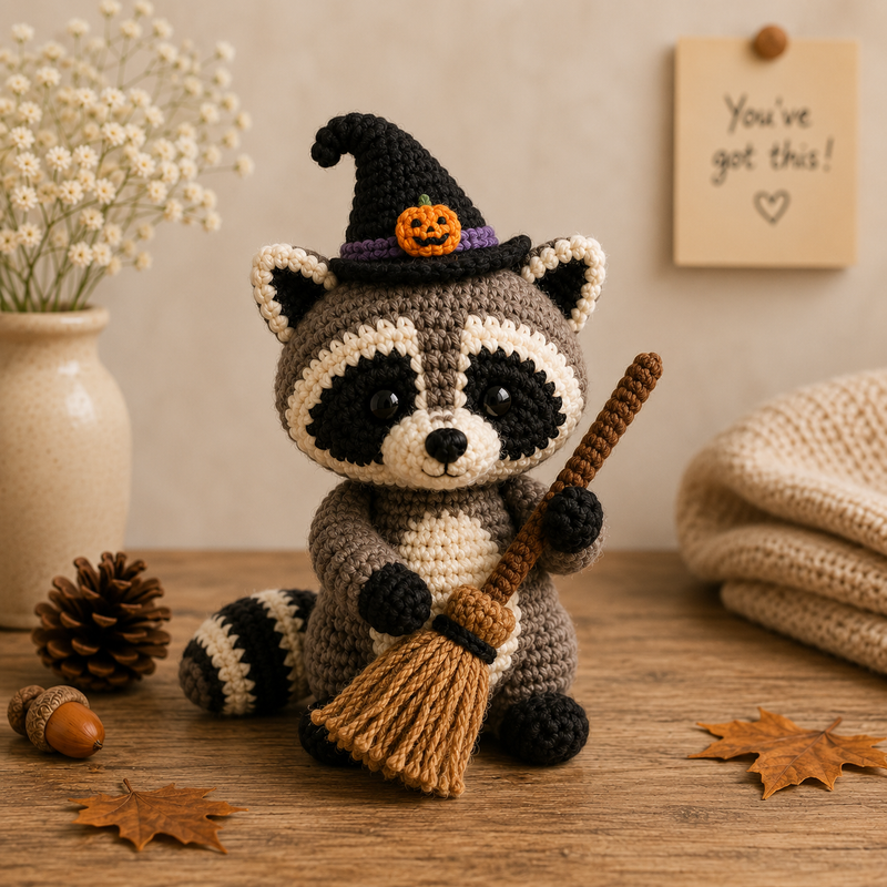 Cute Crochet Witch Raccoon with Broom Plush - Handmade Amigurumi Stuffed Animal Toy