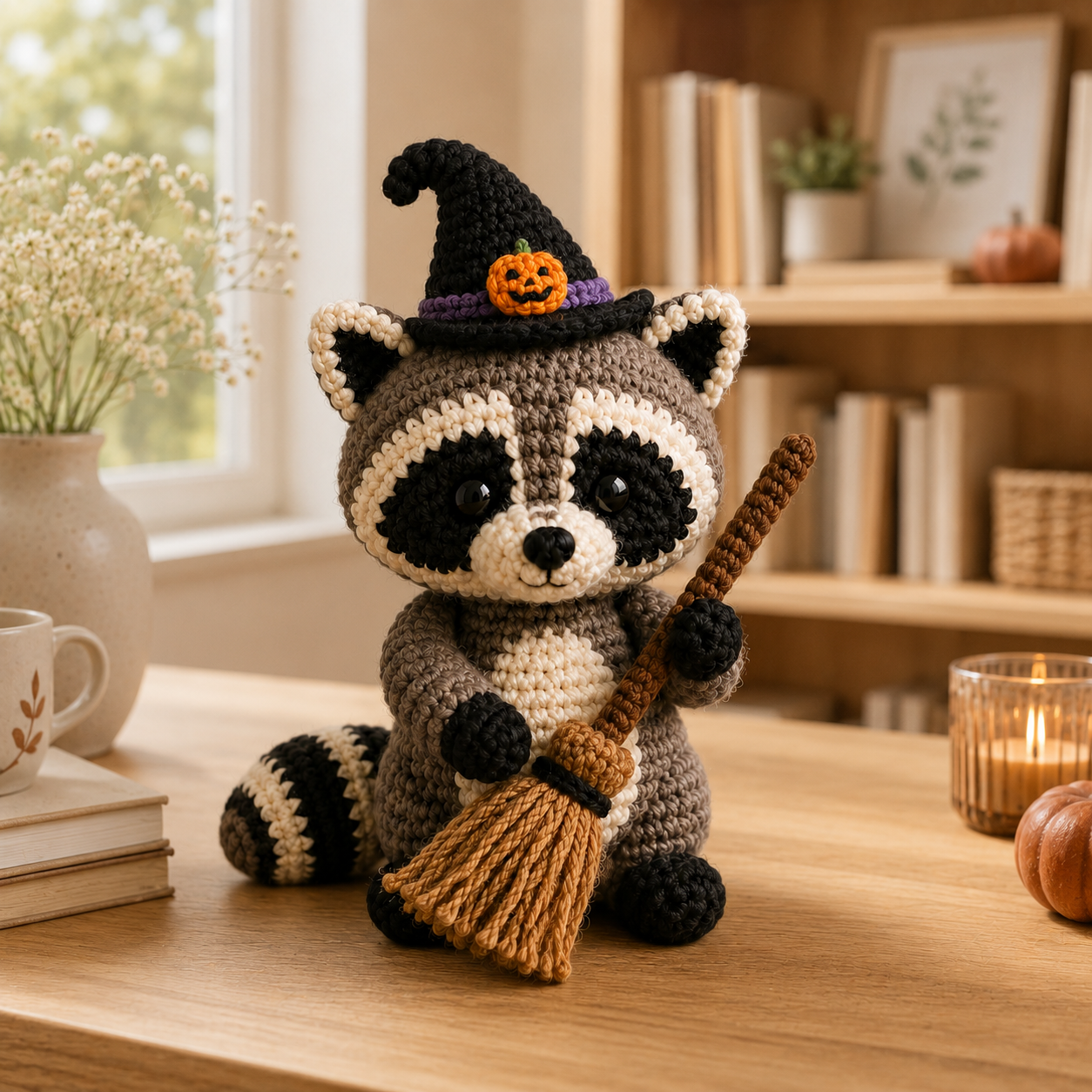Cute Crochet Witch Raccoon with Broom Plush - Handmade Amigurumi Stuffed Animal Toy