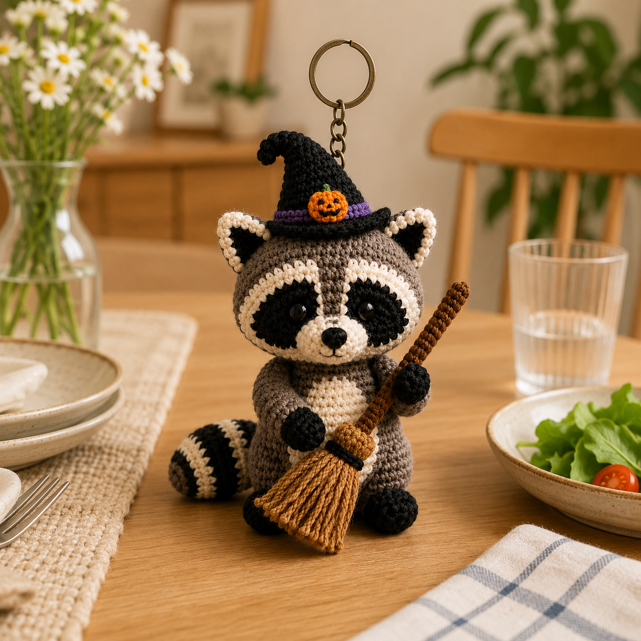Cute Crochet Witch Raccoon with Broom Plush - Handmade Amigurumi Stuffed Animal Toy
