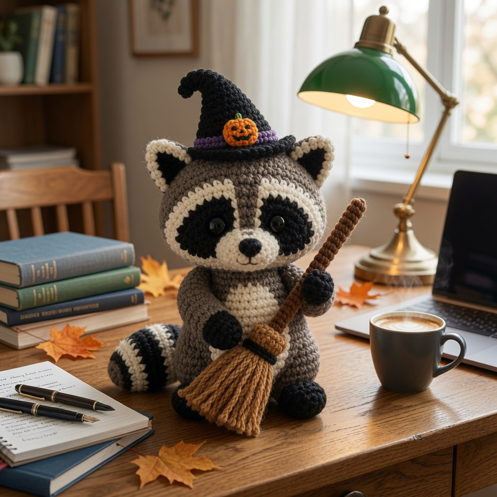 Cute Crochet Witch Raccoon with Broom Plush - Handmade Amigurumi Stuffed Animal Toy