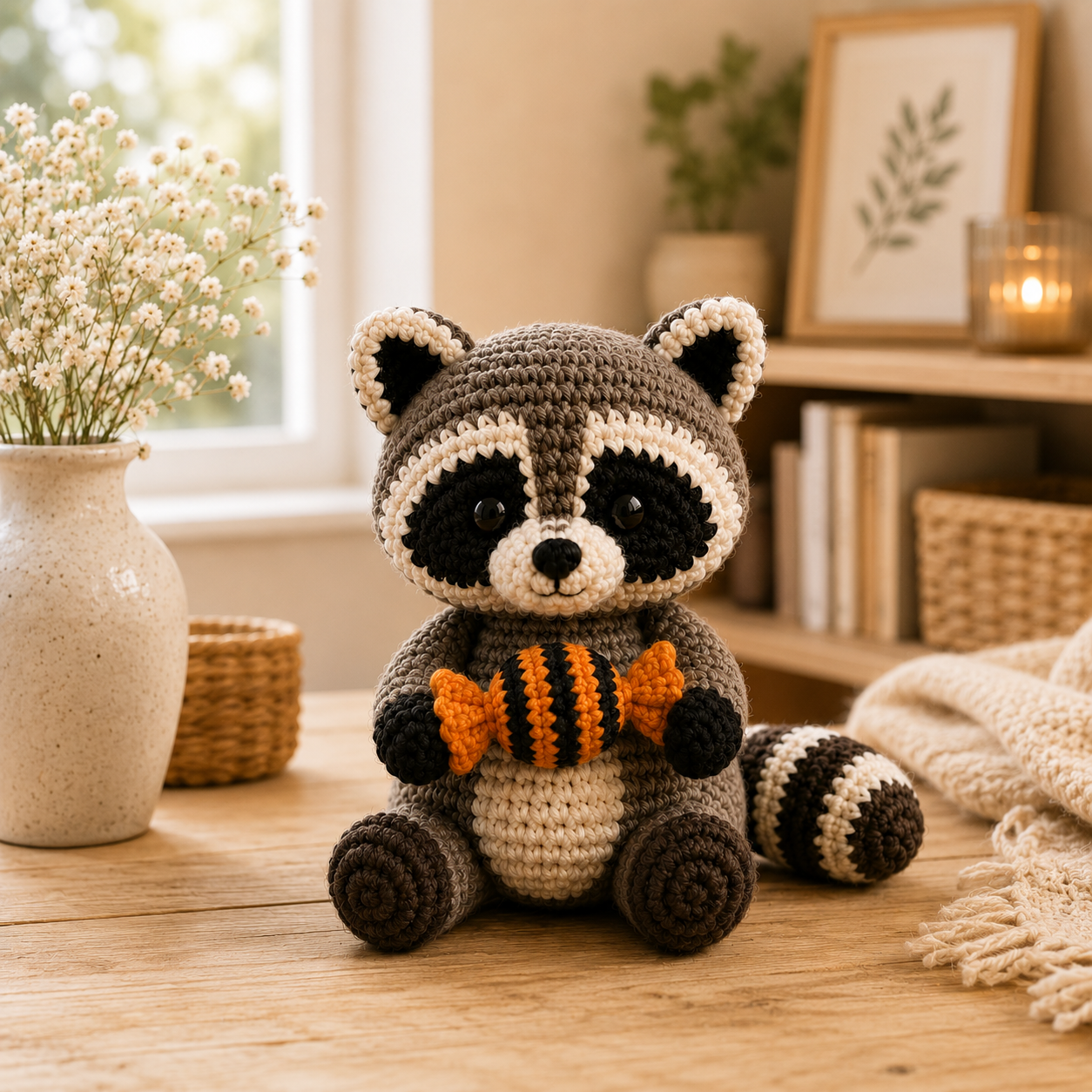 Cute Crochet Raccoon with Candy Plush - Handmade Amigurumi Stuffed Animal Toy