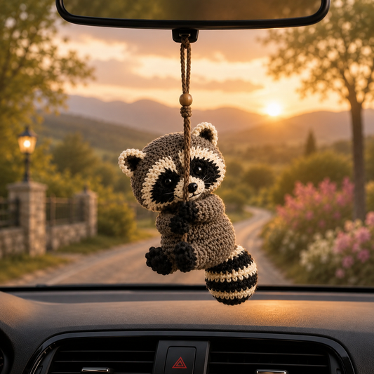 Cute Crochet Raccoon Ca Hanging - Handmade Amigurumi Auto Rearview Charm