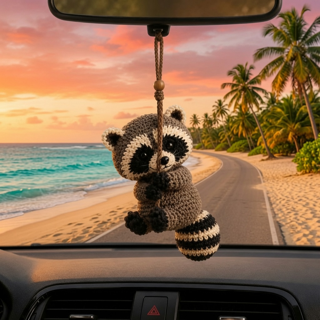 Cute Crochet Raccoon Ca Hanging - Handmade Amigurumi Auto Rearview Charm