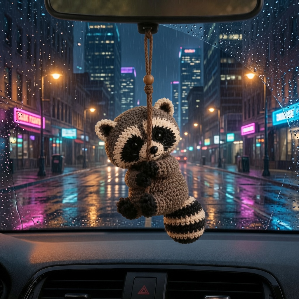 Cute Crochet Raccoon Ca Hanging - Handmade Amigurumi Auto Rearview Charm