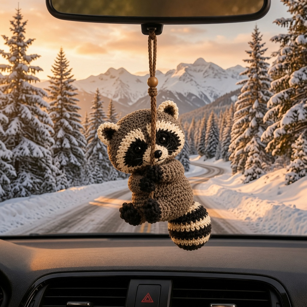 Cute Crochet Raccoon Ca Hanging - Handmade Amigurumi Auto Rearview Charm