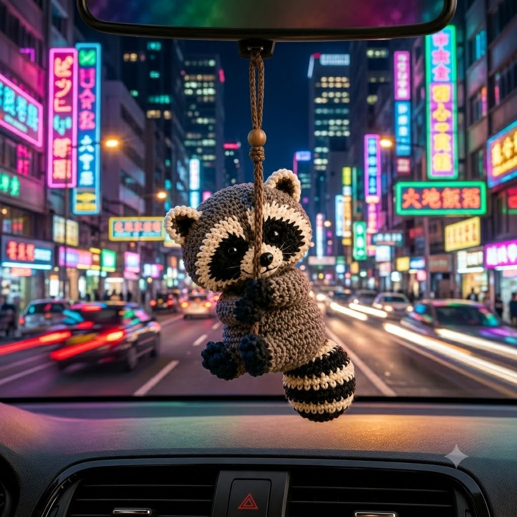 Cute Crochet Raccoon Ca Hanging - Handmade Amigurumi Auto Rearview Charm