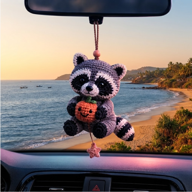 Cute Crochet Raccoon Holding Pumpkin Car Hanging - Handmade Auto Rearview Charm