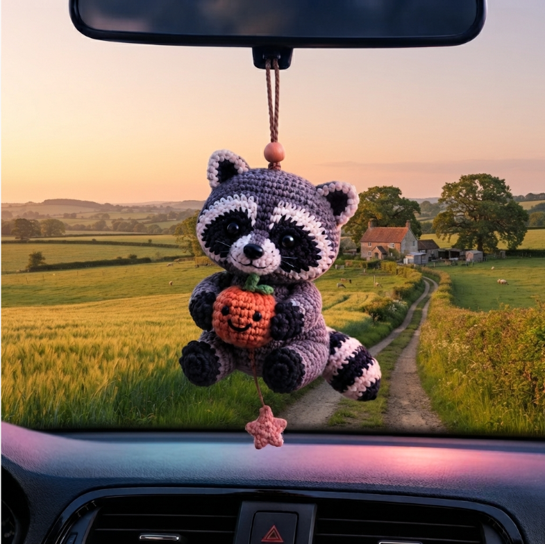 Cute Crochet Raccoon Holding Pumpkin Car Hanging - Handmade Auto Rearview Charm