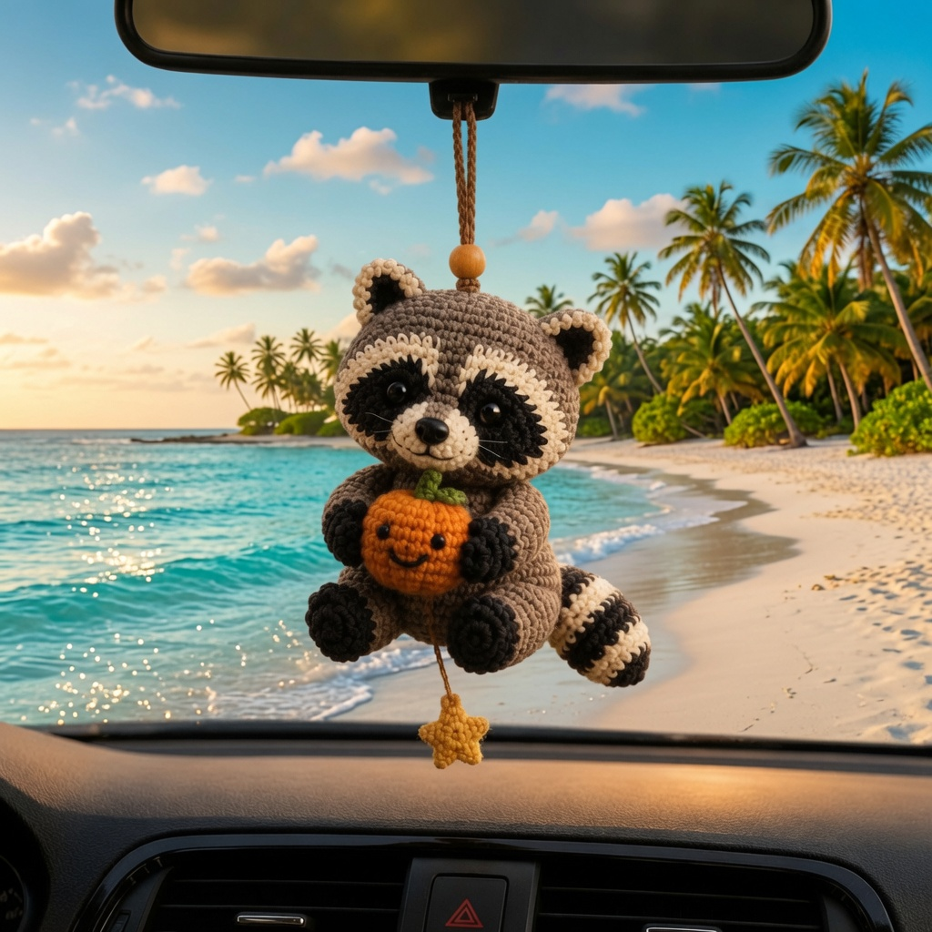 Cute Crochet Raccoon Holding Pumpkin Car Hanging - Handmade Auto Rearview Charm
