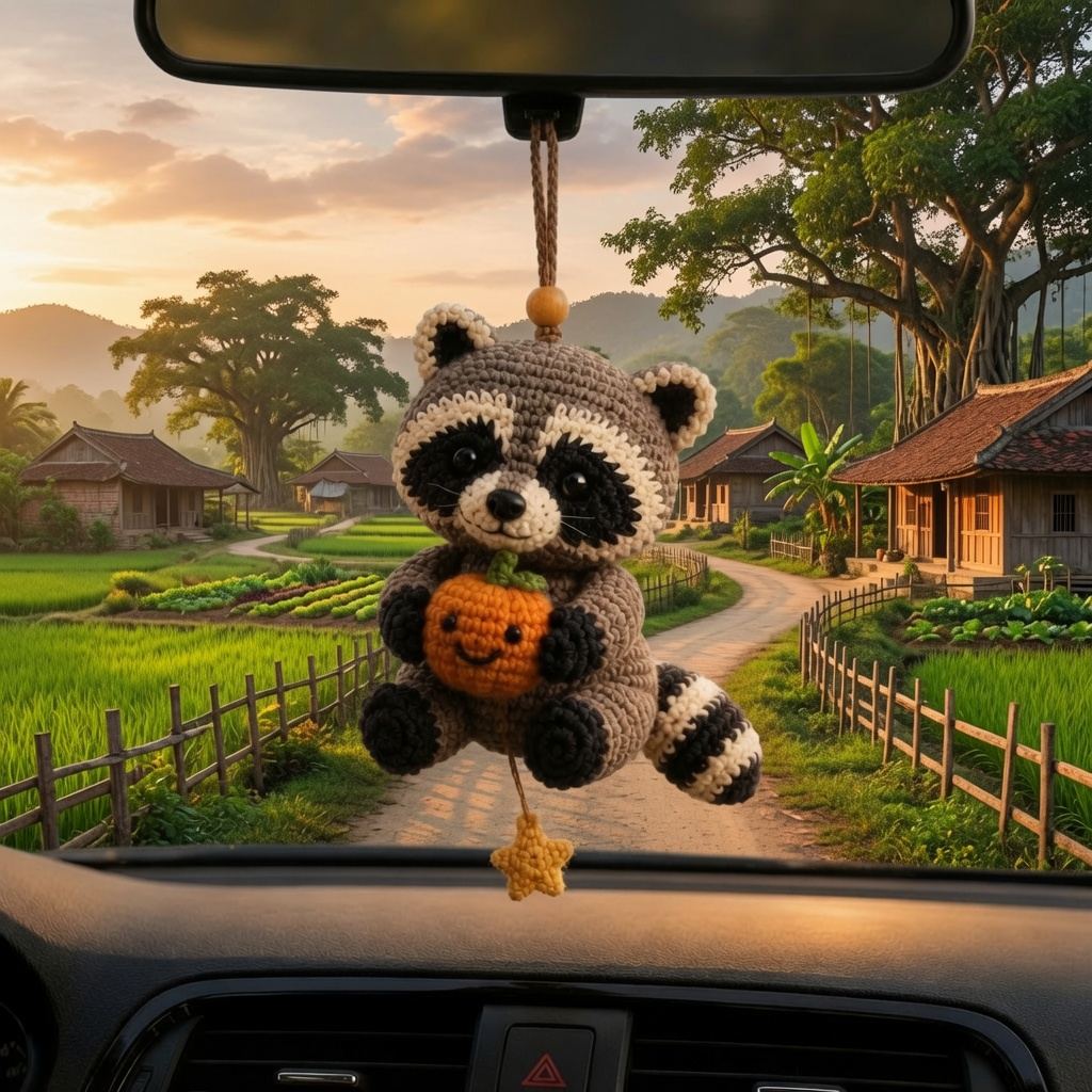 Cute Crochet Raccoon Holding Pumpkin Car Hanging - Handmade Auto Rearview Charm
