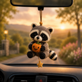 Cute Crochet Raccoon Holding Pumpkin Car Hanging - Handmade Auto Rearview Charm