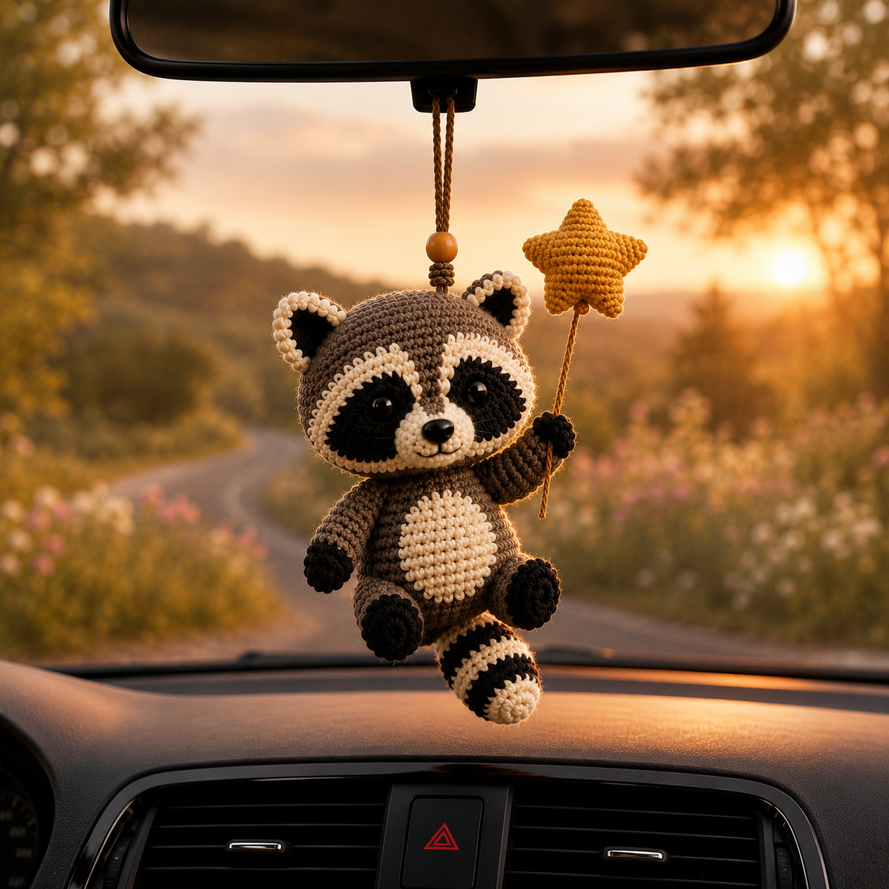 Cute Crochet Raccoon Holding Star Car Hanging - Handmade Auto Rearview Charm