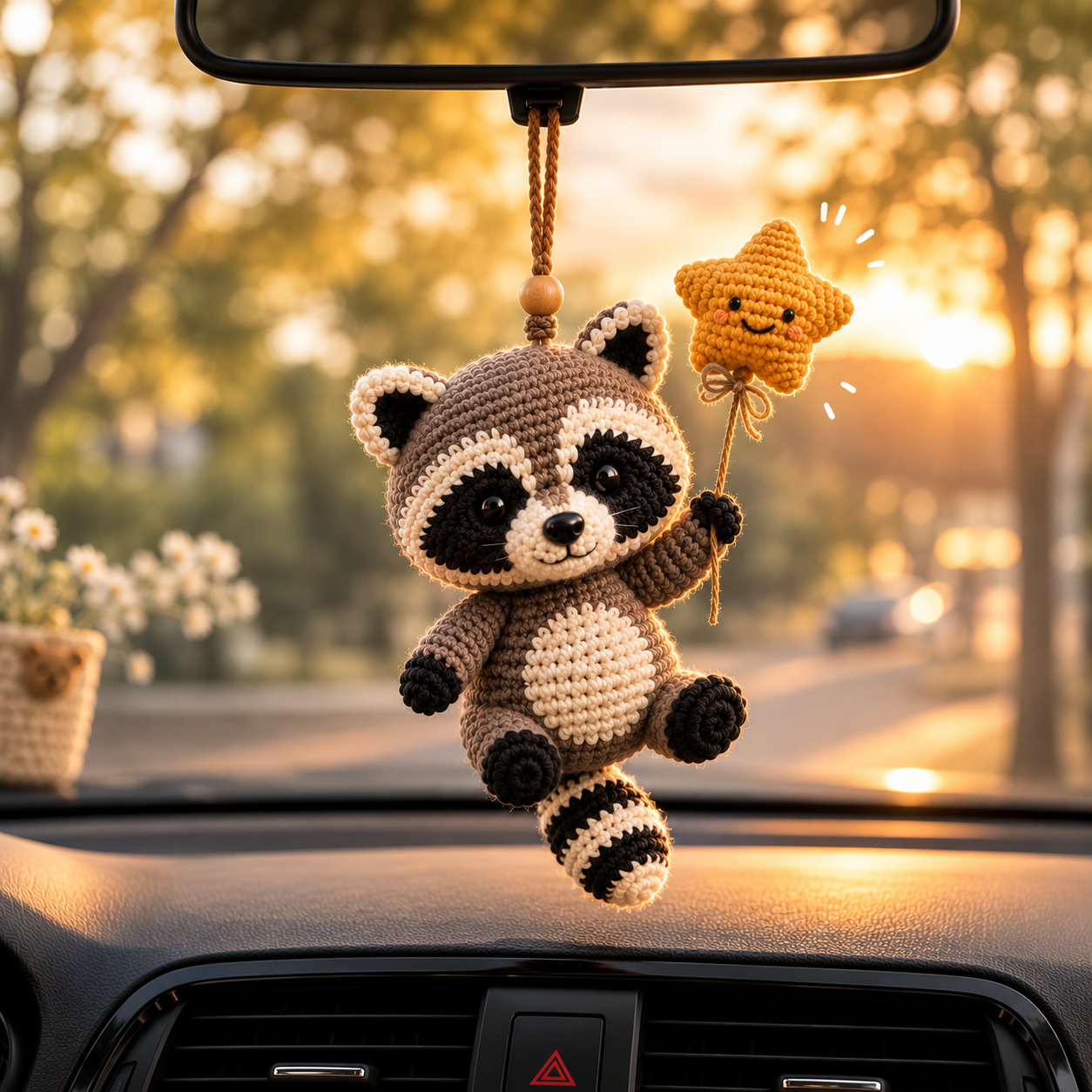 Cute Crochet Raccoon Holding Star Car Hanging - Handmade Auto Rearview Charm