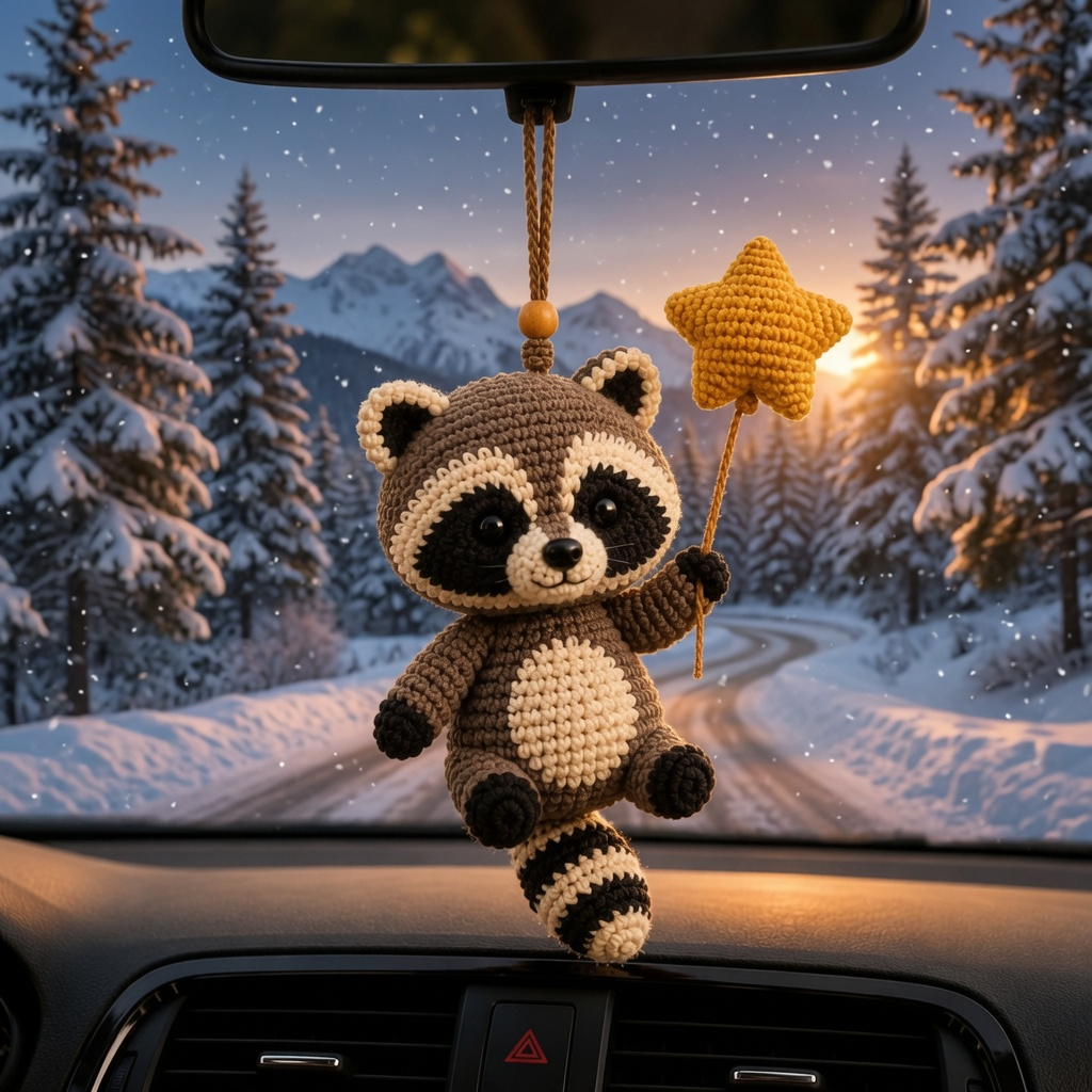Cute Crochet Raccoon Holding Star Car Hanging - Handmade Auto Rearview Charm