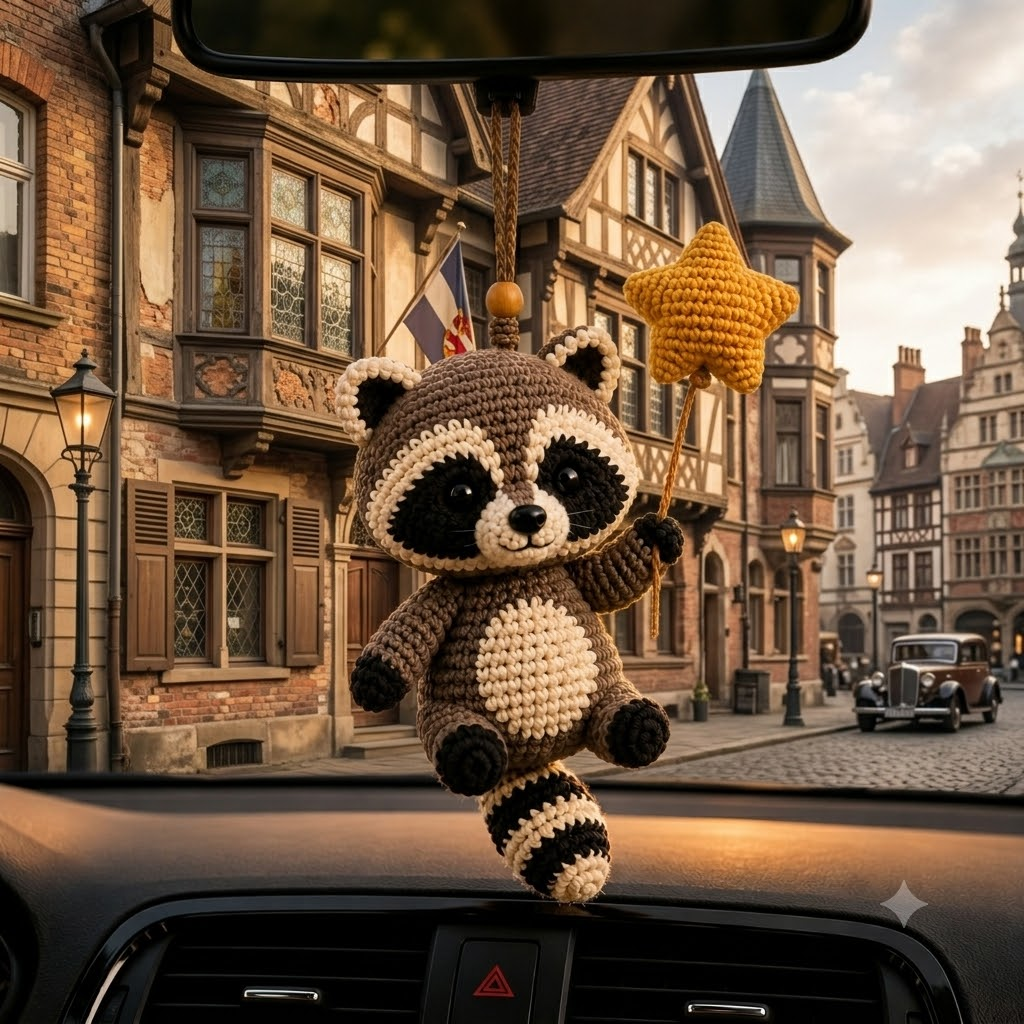 Cute Crochet Raccoon Holding Star Car Hanging - Handmade Auto Rearview Charm