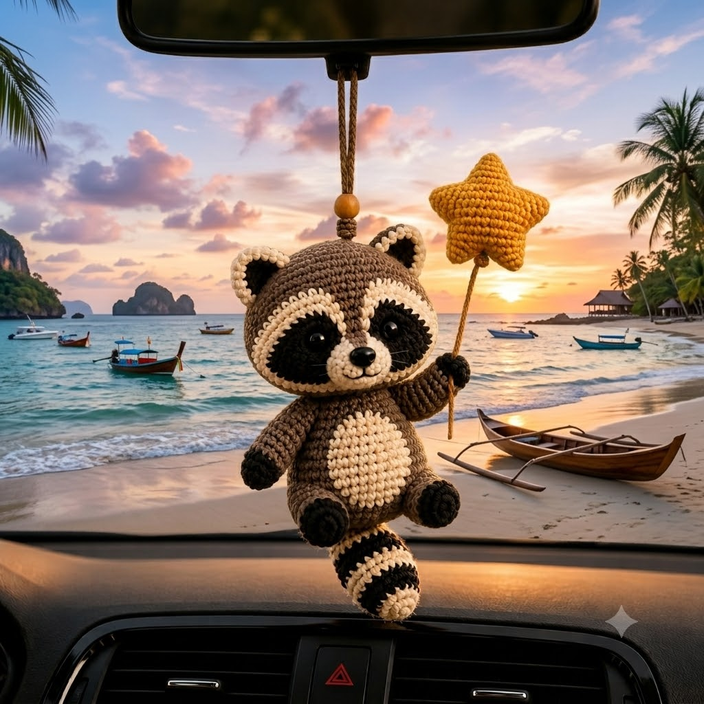 Cute Crochet Raccoon Holding Star Car Hanging - Handmade Auto Rearview Charm