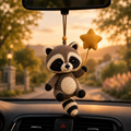 Cute Crochet Raccoon Holding Star Car Hanging - Handmade Auto Rearview Charm