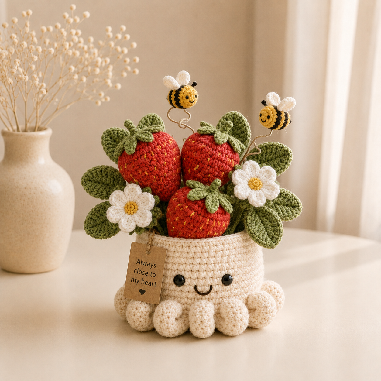 Handmade Crochet Strawberry Pot with Bees - Cute Gift & Decor