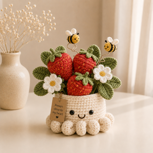 Handmade Crochet Strawberry Pot with Bees - Cute Gift & Decor