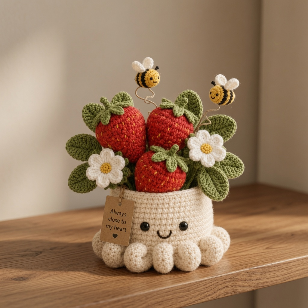 Handmade Crochet Strawberry Pot with Bees - Cute Gift & Decor