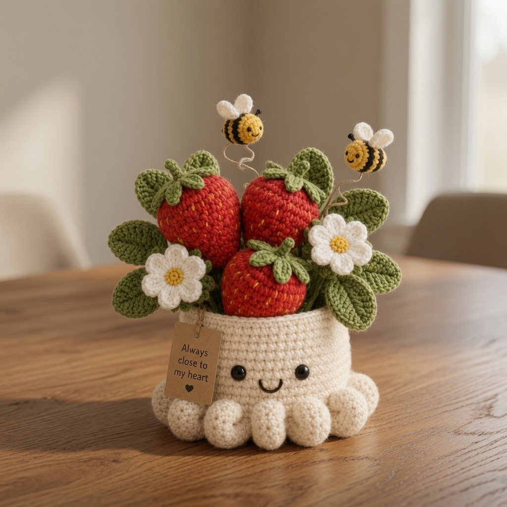 Handmade Crochet Strawberry Pot with Bees - Cute Gift & Decor