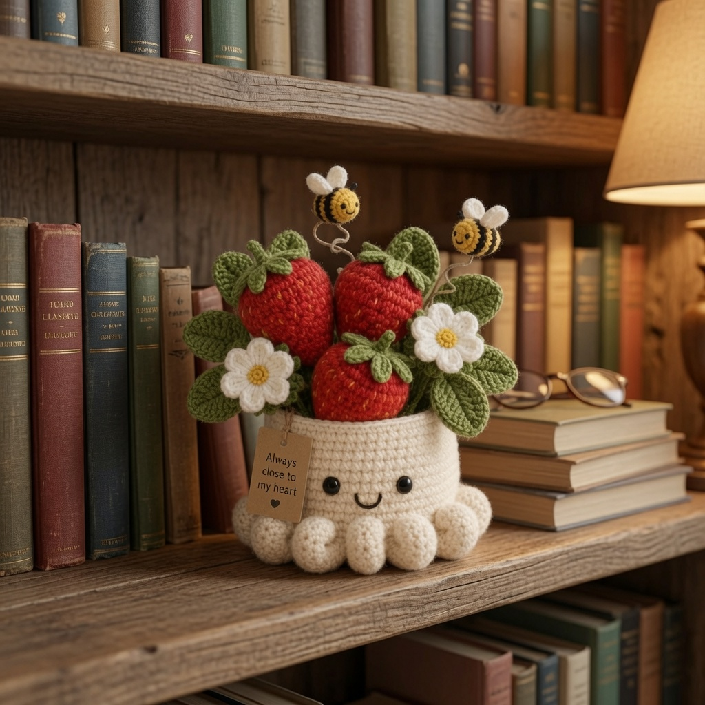 Handmade Crochet Strawberry Pot with Bees - Cute Gift & Decor
