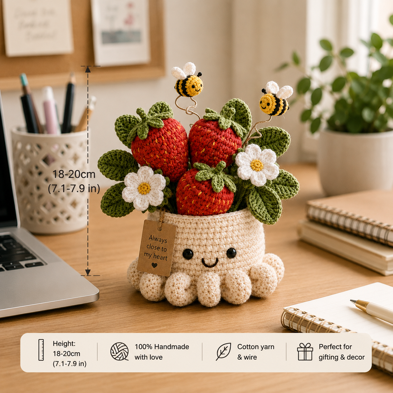 Handmade Crochet Strawberry Pot with Bees - Cute Gift & Decor