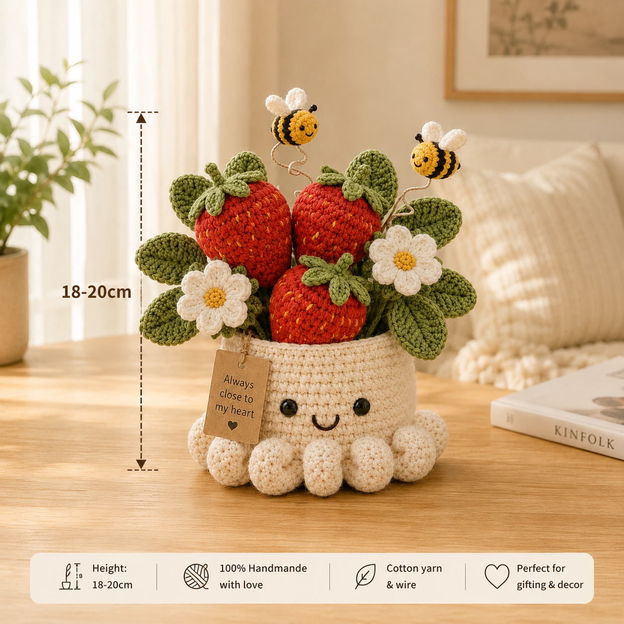 Handmade Crochet Strawberry Pot with Bees - Cute Gift & Decor