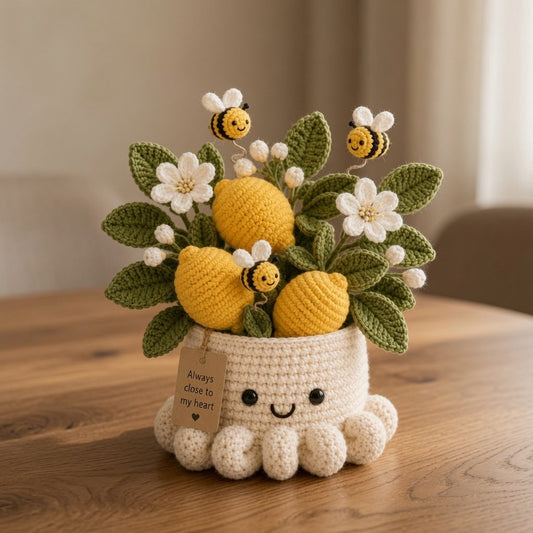 Handmade Crochet Lemon Pot with Bees - Cute Gift & Decor