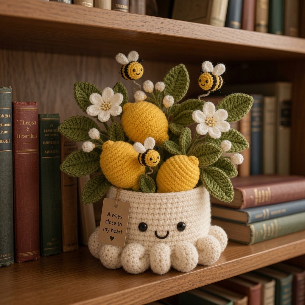Handmade Crochet Lemon Pot with Bees - Cute Gift & Decor