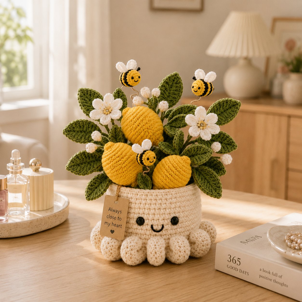 Handmade Crochet Lemon Pot with Bees - Cute Gift & Decor