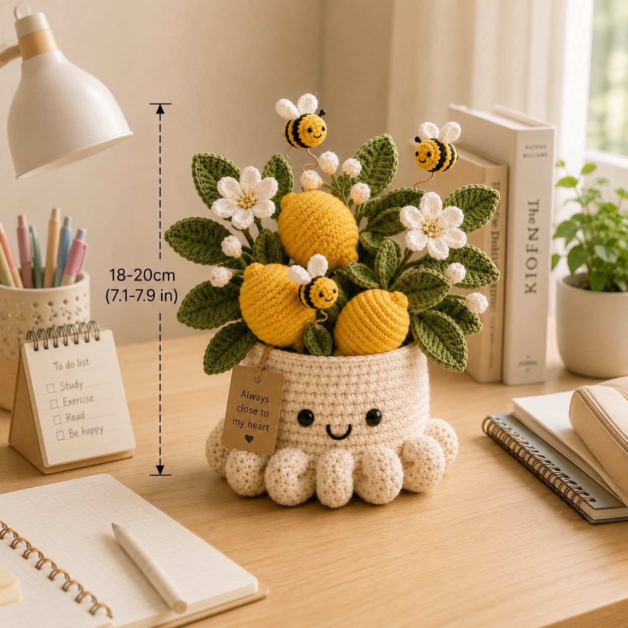 Handmade Crochet Lemon Pot with Bees - Cute Gift & Decor
