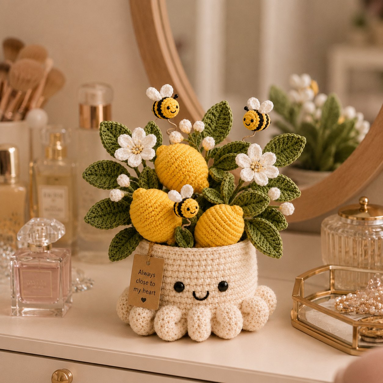 Handmade Crochet Lemon Pot with Bees - Cute Gift & Decor