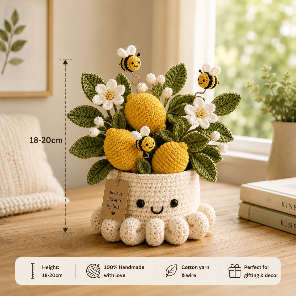Handmade Crochet Lemon Pot with Bees - Cute Gift & Decor