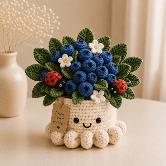 Handmade Crochet Blueberry Pot with Ladybugs - Cute Gift & Decor