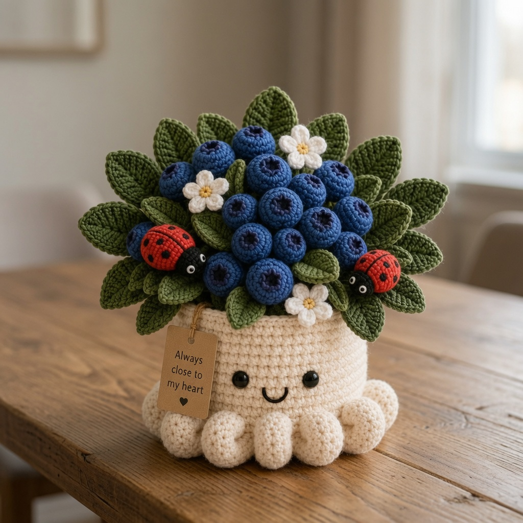 Handmade Crochet Blueberry Pot with Ladybugs - Cute Gift & Decor